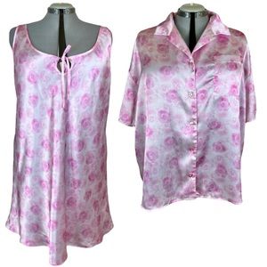Vintage 90s 80s Roses Set 3X Satin Negligee Chemise Pajamas lounge 2X 3X Plus